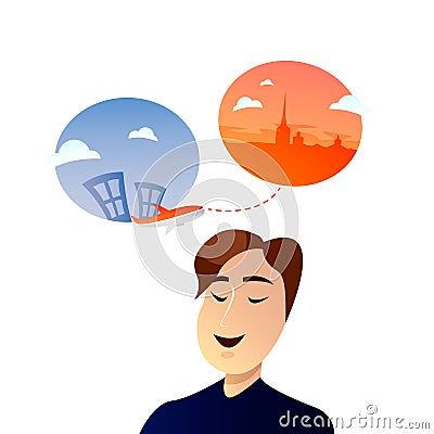 Office worker man character dreaming about vacation and travel. Vector flat cartoon illustration Vector Illustration