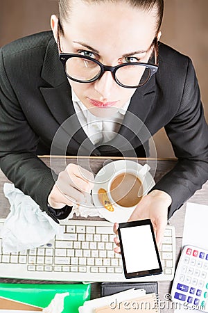 Office worker mobile phone break. Stock Photo