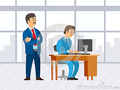 Boss Looking at Novice, Supervising Man Office Vector Illustration