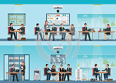 Office worker with office desk and Business meeting or teamwork Vector Illustration