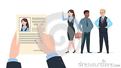 Office worker recruitment. Human resource hire employee, recruiter choices. Happy young woman has job, Hr manager choose Vector Illustration