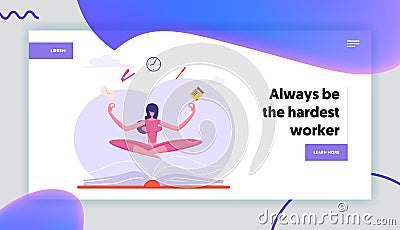 Office Worker Relaxation Website Landing Page. Businesswoman Doing Yoga Meditation in Lotus Posture to Calm Down Vector Illustration