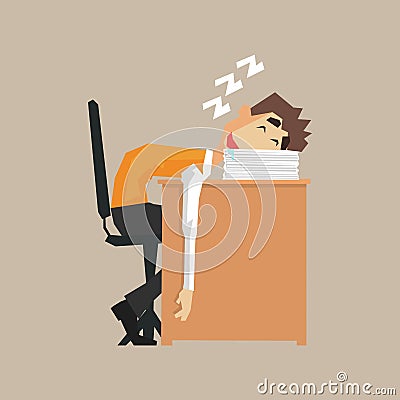 Office Worker Sleeping On Pile Of Papers Vector Illustration