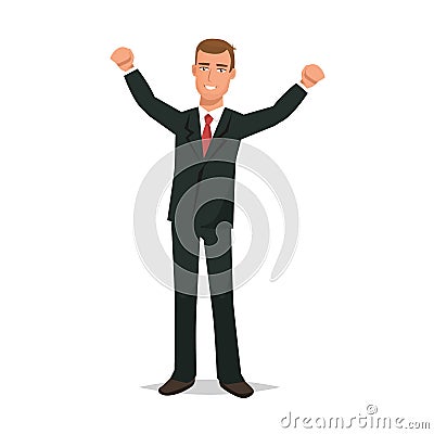 Office worker, in strict business suit, rejoices in success, growth. Vector Illustration