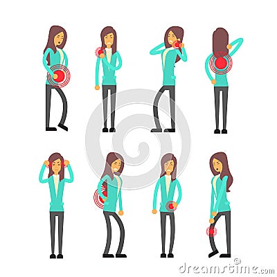 Office Worker Syndrome Sick Business Woman Pain Set Collection Vector Illustration