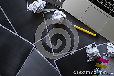 Office worker table with computer photocopy or xerox crumple paper Stock Photo