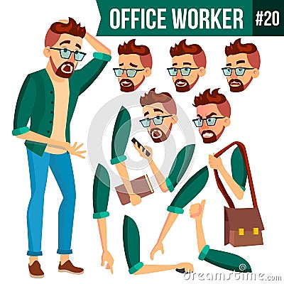 Office Worker Vector. Face Emotions, Gestures. Animation Set. Business Man. Professional Cabinet Workman, Officer, Clerk Vector Illustration