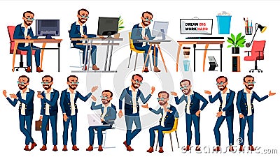 Office Worker Vector. Face Emotions, Various Gestures. In Action. Businessman Male. Turkish. Isolated Cartoon Vector Illustration