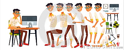 Office Worker Vector. Korean, Thai, Vietnamese. Animation Creation Set. Face Emotions, Various Gestures. Office Vector Illustration