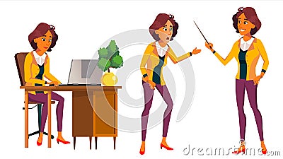 Office Worker Vector. Woman. Modern Employee, Laborer. Front, Side View. Business Woman. Situations. Emotions, Gestures Vector Illustration