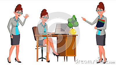 Office Worker Vector. Woman. Secretary, Accountant. Happy Clerk, Servant, Employee. Office Generator. Situations Vector Illustration