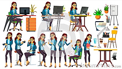 Office Worker Vector. Woman. Happy Clerk, Servant, Employee. Poses. Business Human. Face Emotions, Gestures. Secretary Vector Illustration