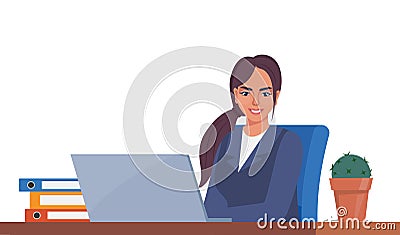 Office worker woman in a suit working on a laptop computer at her office desk. Flat style vector illustration Vector Illustration