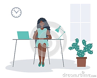 Office worker in the workplace. Young black woman is sitting at the desk in the office room Vector Illustration