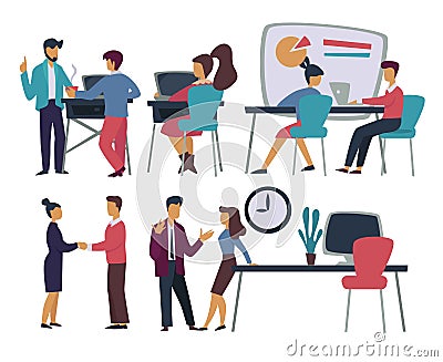 Office workers business meeting and dealing conference and graphics Vector Illustration