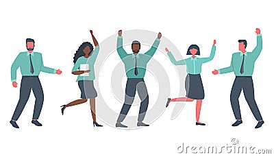 Office workers are celebrating the victory. Happy employees are dancing and jumping. International group of business people Vector Illustration