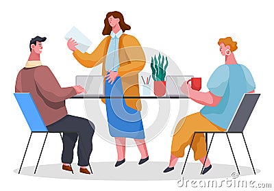 Office workers characters discussing matters. Business people with laptops confer isolated on white Vector Illustration