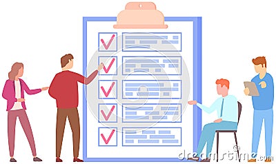 Office workers check checklist mark completion of tasks and plans. People with pen and clipboard Vector Illustration