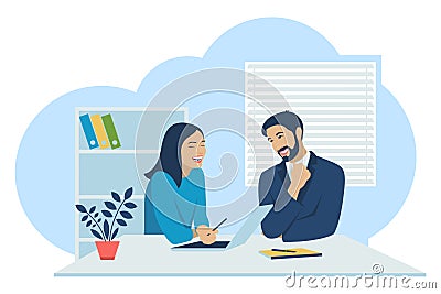 Office workers communicate, joke and laugh. Conversation of office workers. Vector Illustration