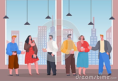 Office workers communicating, businesspeople have successful deal, celebrating with alcohol drinks Vector Illustration