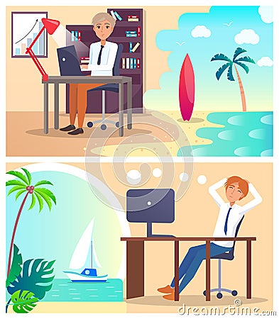 Office Workers Daydream about Vacation Abroad Set Vector Illustration