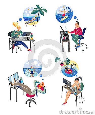 Office workers dream of vacation at sea, beach relax, surfing, sailing on yacht Vector Illustration