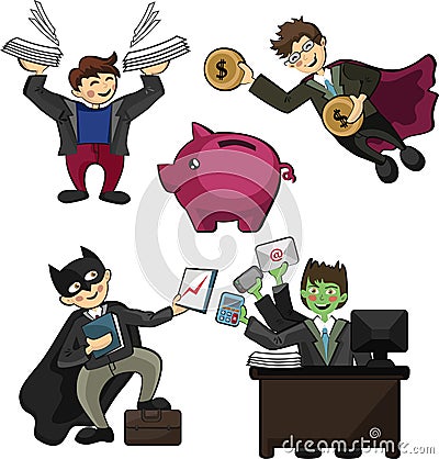 Office workers in the form of superheroes, with superpowers work Vector Illustration