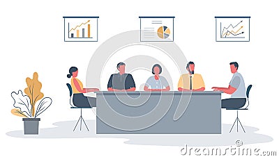 Office workers during the meeting. Employees are sitting at the table in the office Vector Illustration
