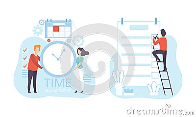 Office Workers Planning Schedule and Working next to Wall Clock Flat Set Vector Illustration Vector Illustration