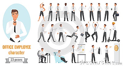 Office workers poses infographic set, young employee businessman character working Vector Illustration