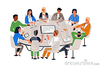 Office workers sitting at round table and discussing ideas, exchanging information. Work meeting, business negotiation Vector Illustration