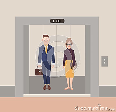 Office workers standing in open elevator. Business people man and woman. Flat cartoon vector illustration. Vector Illustration