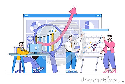 Office workers studying infographic, analysing and discussing presentation with charts. Outline design style minimal vector Vector Illustration