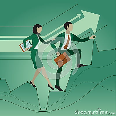 Office workers. Two employees help each other making their way to the goal, overcoming obstacles. Mutual assistance. Business conc Vector Illustration