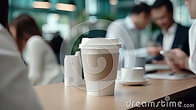 Office workers who are in a break with coffee in disposable cups Stock Photo
