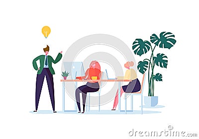 Office Workers Working with Computers. Flat Business People Characters with Laptop. Team Work Organization Concept Vector Illustration