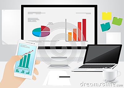 Office working place, hand holding checking business in smart phone and computer, laptop, documents vector desi Vector Illustration