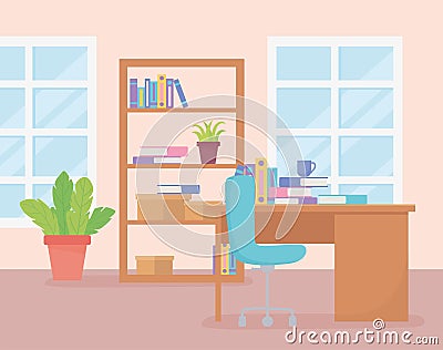 Office workplace bookcase books plant desk chair coffee cup and windows Vector Illustration