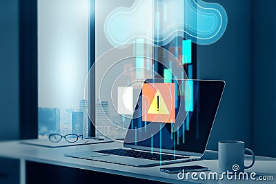 Office workplace desktop with laptop, city view, coffee cup, various items and abstract cloud computing error hologram on blurry Editorial Stock Photo
