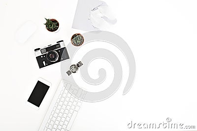 Office workplace, keyboard with mouse above isolated on white background. Phone, envelope with feathers, retro camera Stock Photo