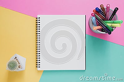 Office workplace minimal concept. Blank notebook, color pen box, cactus on yellow, pink and green turquoise background. Stock Photo