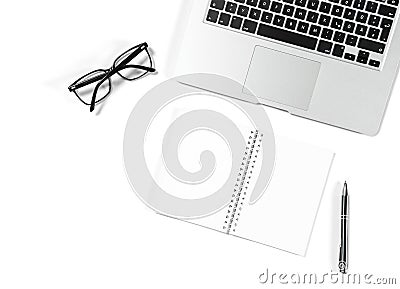 Office workplace minimal flat lay Laptop notebook glasses white Stock Photo