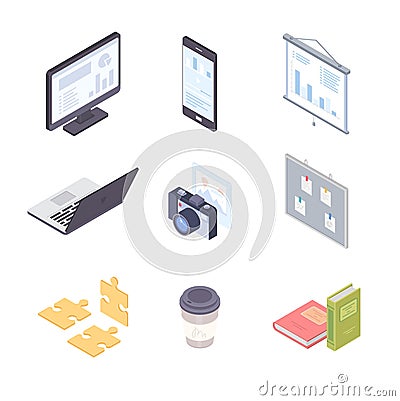 Office workplace - modern vector colorful isometric elements Vector Illustration