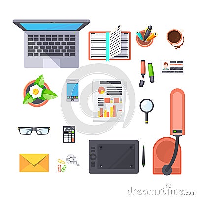 Office Workplace Objects Set Vector Illustration