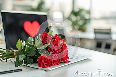 in office, at workplace, red heart is painted on monitor screen, and on keyboard there is bouquet of red roses, concept of online Stock Photo