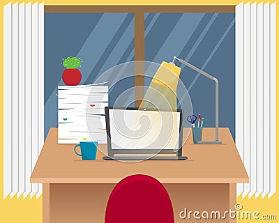 Office workplace. Table with laptop, stack of papers, Desk lamp Vector Illustration