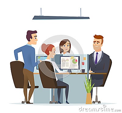 Office workplace team. Business managers male and female working and talking sitting table dialog of group people vector Vector Illustration