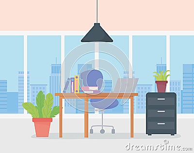 Office workplace windows urban view desk chair cabinet laptop and potted plants Vector Illustration