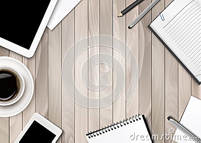 Office workspace background - coffee, tablet, notebooks Vector Illustration