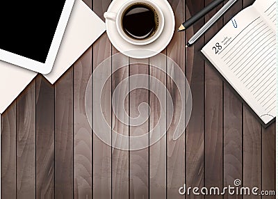 Office workspace background - coffee, tablet, notebooks Vector Illustration